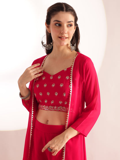 Pink Embroidered Solid Straight Georgette Stitched Crop Top, Plazzo With Shrug