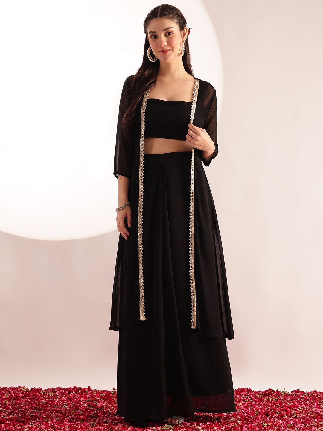 Black Embroidered , Solid Straight Georgette Stitched Crop Top, Skirt With Shrug