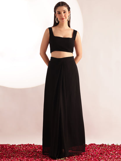 Black Embroidered , Solid Straight Georgette Stitched Crop Top, Skirt With Shrug