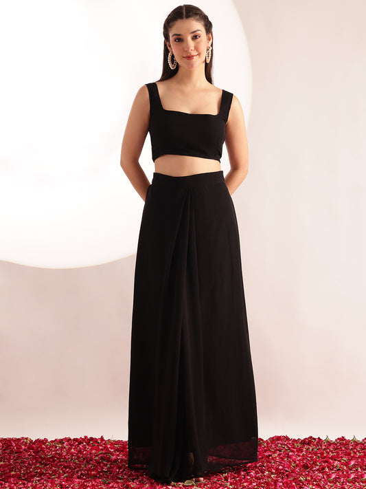 Black Embroidered , Solid Straight Georgette Stitched Crop Top, Skirt With Shrug