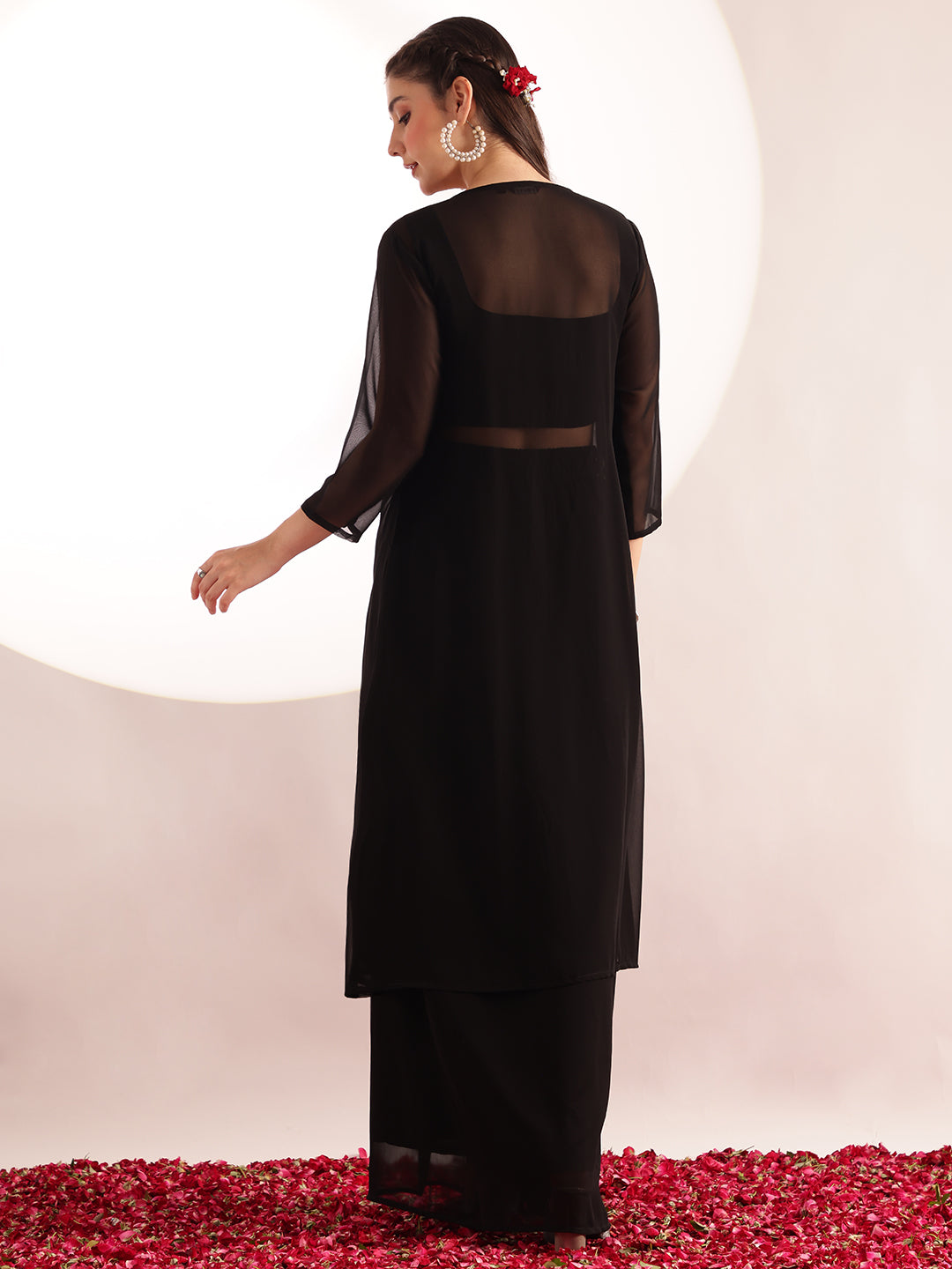 Black Embroidered , Solid Straight Georgette Stitched Crop Top, Skirt With Shrug