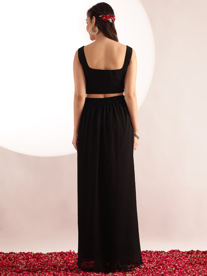 Black Embroidered , Solid Straight Georgette Stitched Crop Top, Skirt With Shrug