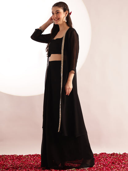 Black Embroidered , Solid Straight Georgette Stitched Crop Top, Skirt With Shrug