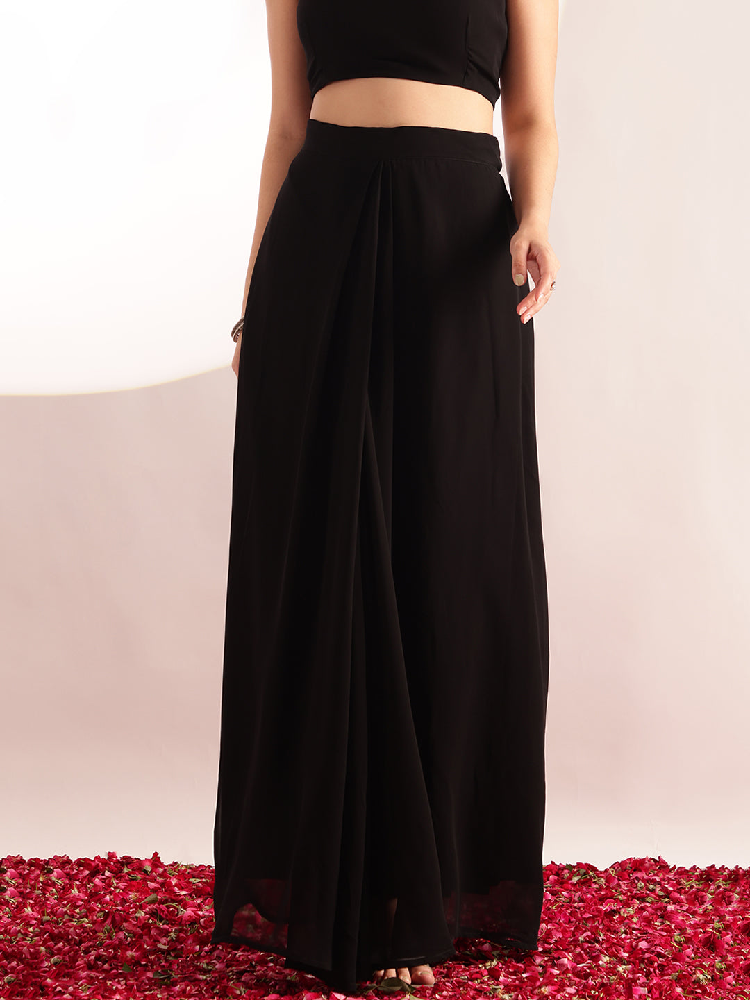 Black Embroidered , Solid Straight Georgette Stitched Crop Top, Skirt With Shrug