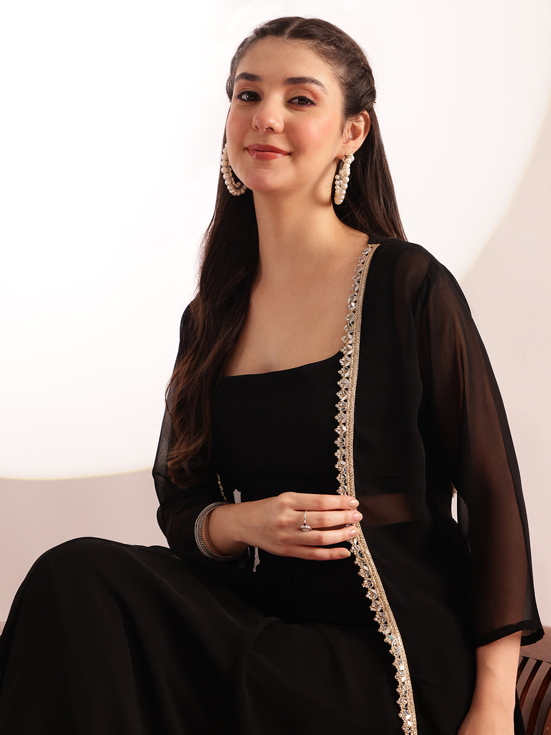 Black Embroidered , Solid Straight Georgette Stitched Crop Top, Skirt With Shrug