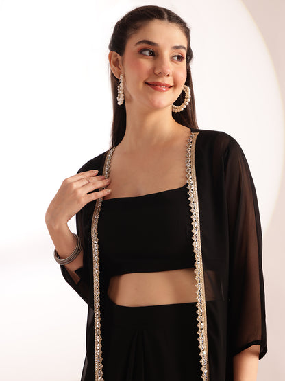 Black Embroidered , Solid Straight Georgette Stitched Crop Top, Skirt With Shrug