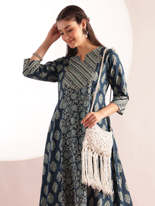 Aqua Blue Floral Print Fit & Flare Cotton Kurta