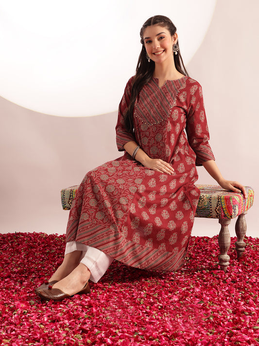 Maroon Floral Print Fit & Flare Cotton Kurta
