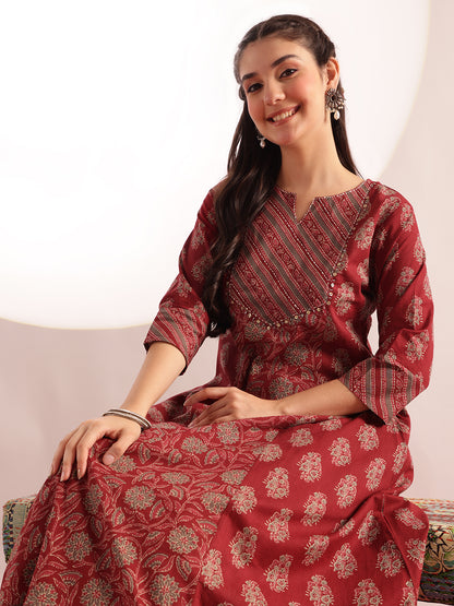 Maroon Floral Print Fit & Flare Cotton Kurta