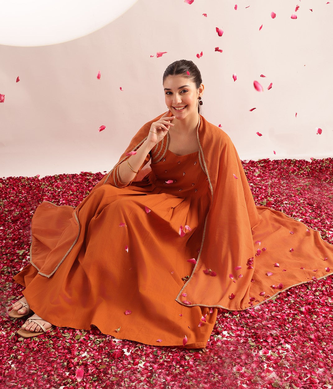 Orange Solid, Embroidered Fit & Flare Cotton Stitched Kurta, Pant With Dupatta