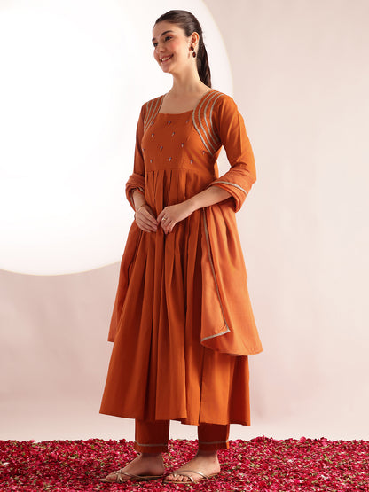 Orange Solid, Embroidered Fit & Flare Cotton Stitched Kurta, Pant With Dupatta