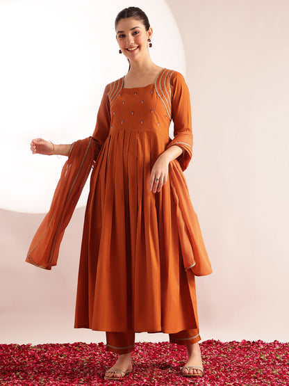 Orange Solid, Embroidered Fit & Flare Cotton Stitched Kurta, Pant With Dupatta