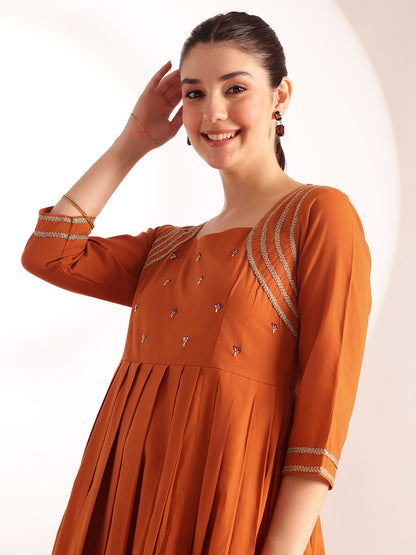 Orange Solid, Embroidered Fit & Flare Cotton Stitched Kurta, Pant With Dupatta