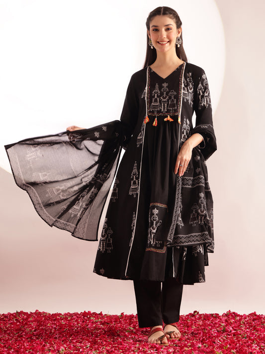 Black Printed Fit & Flare Cotton Kurta, Pant With Dupatta