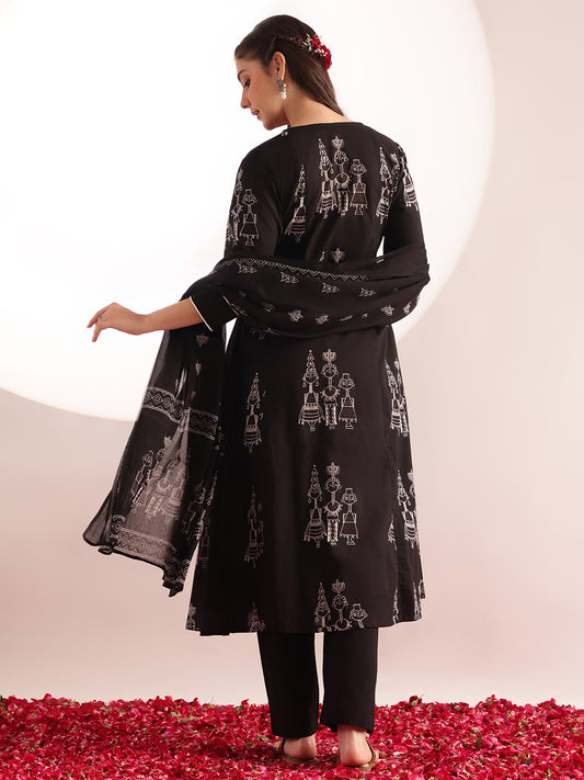 Black Printed Fit & Flare Cotton Kurta, Pant With Dupatta