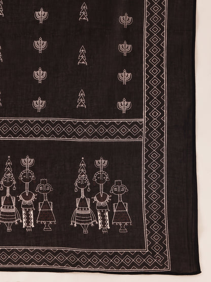 Black Printed Fit & Flare Cotton Kurta, Pant With Dupatta