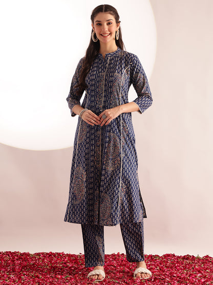 Blue Floral Print Fit & Flare Cotton Stitched Kurta With Pant