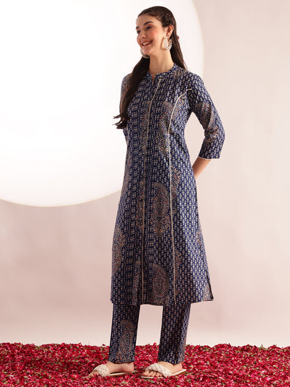 Blue Floral Print Fit & Flare Cotton Stitched Kurta With Pant