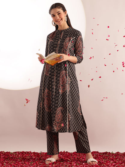 Black Floral Print Fit & Flare Cotton Stitched Kurta With Pant