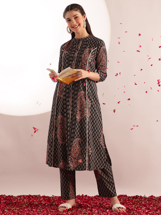 Black Floral Print Fit & Flare Cotton Stitched Kurta With Pant