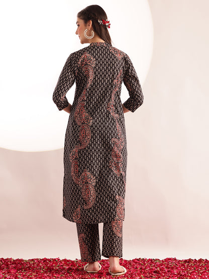 Black Floral Print Fit & Flare Cotton Stitched Kurta With Pant