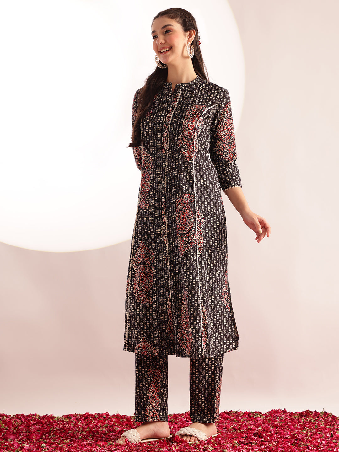 Black Floral Print Fit & Flare Cotton Stitched Kurta With Pant