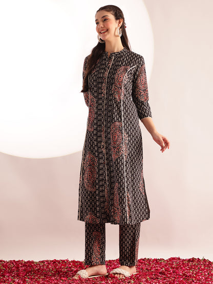 Black Floral Print Fit & Flare Cotton Stitched Kurta With Pant