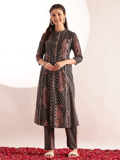 Black Floral Print Fit & Flare Cotton Stitched Kurta With Pant
