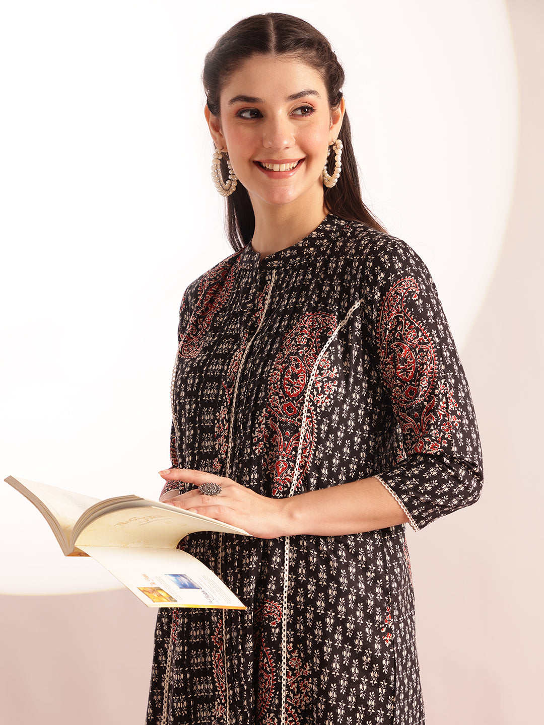 Black Floral Print Fit & Flare Cotton Stitched Kurta With Pant