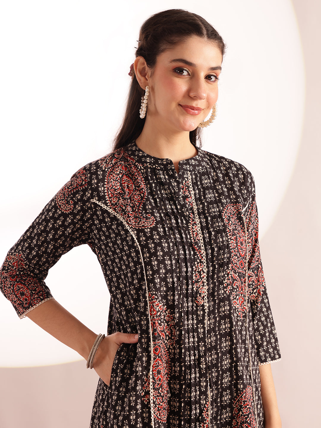 Black Floral Print Fit & Flare Cotton Stitched Kurta With Pant
