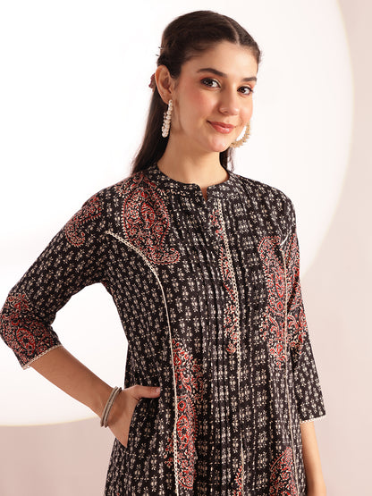 Black Floral Print Fit & Flare Cotton Stitched Kurta With Pant