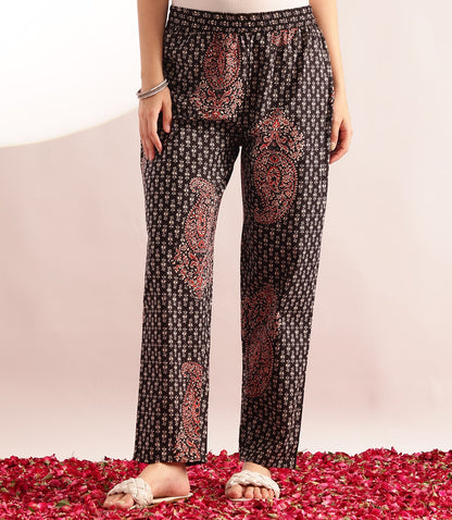 Black Floral Print Fit & Flare Cotton Stitched Kurta With Pant