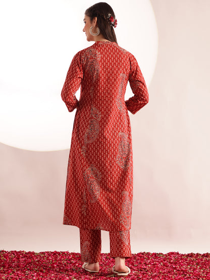 Maroon Floral Print Fit & Flare Cotton Stitched Kurta With Pant