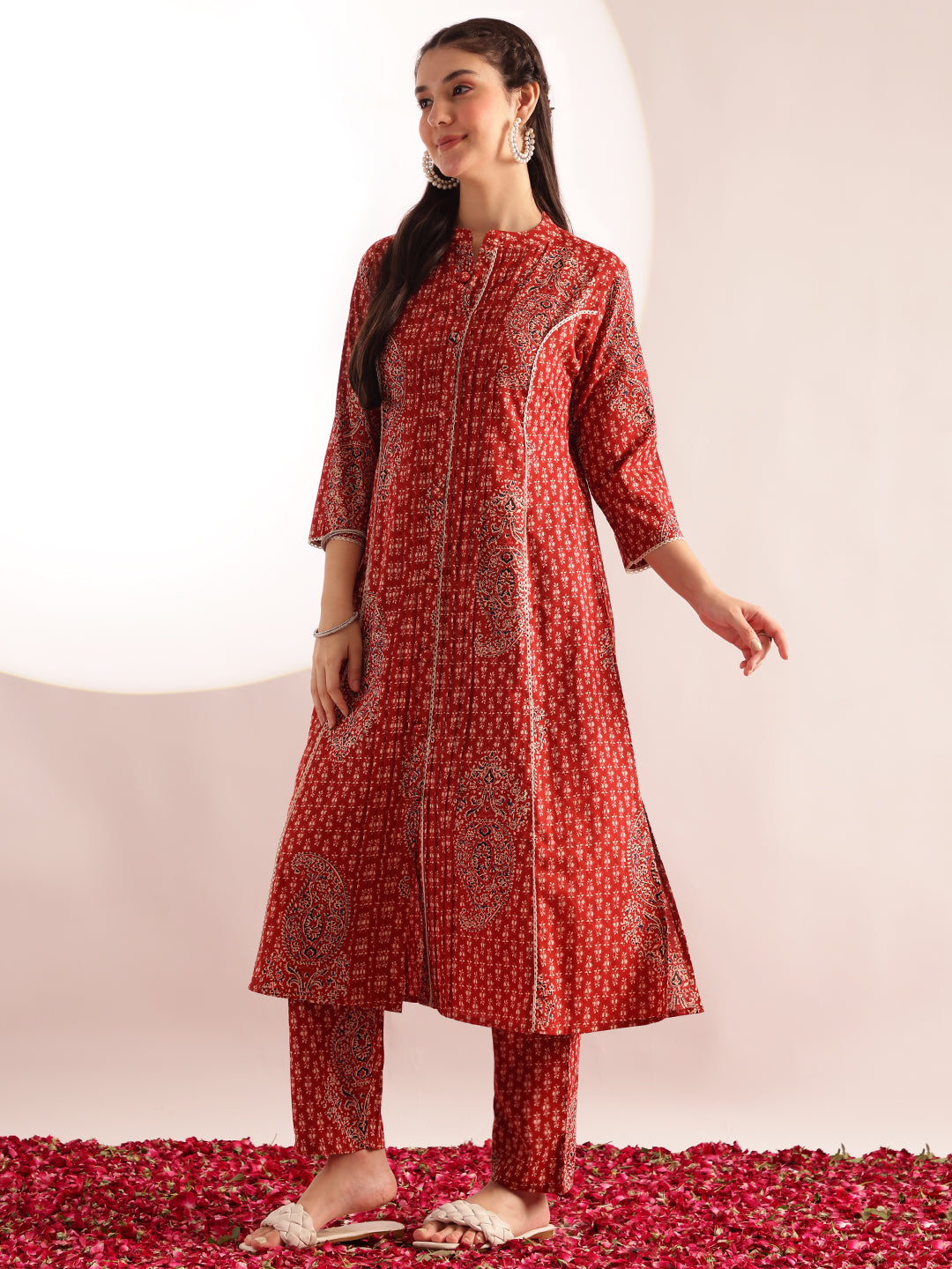 Maroon Floral Print Fit & Flare Cotton Stitched Kurta With Pant