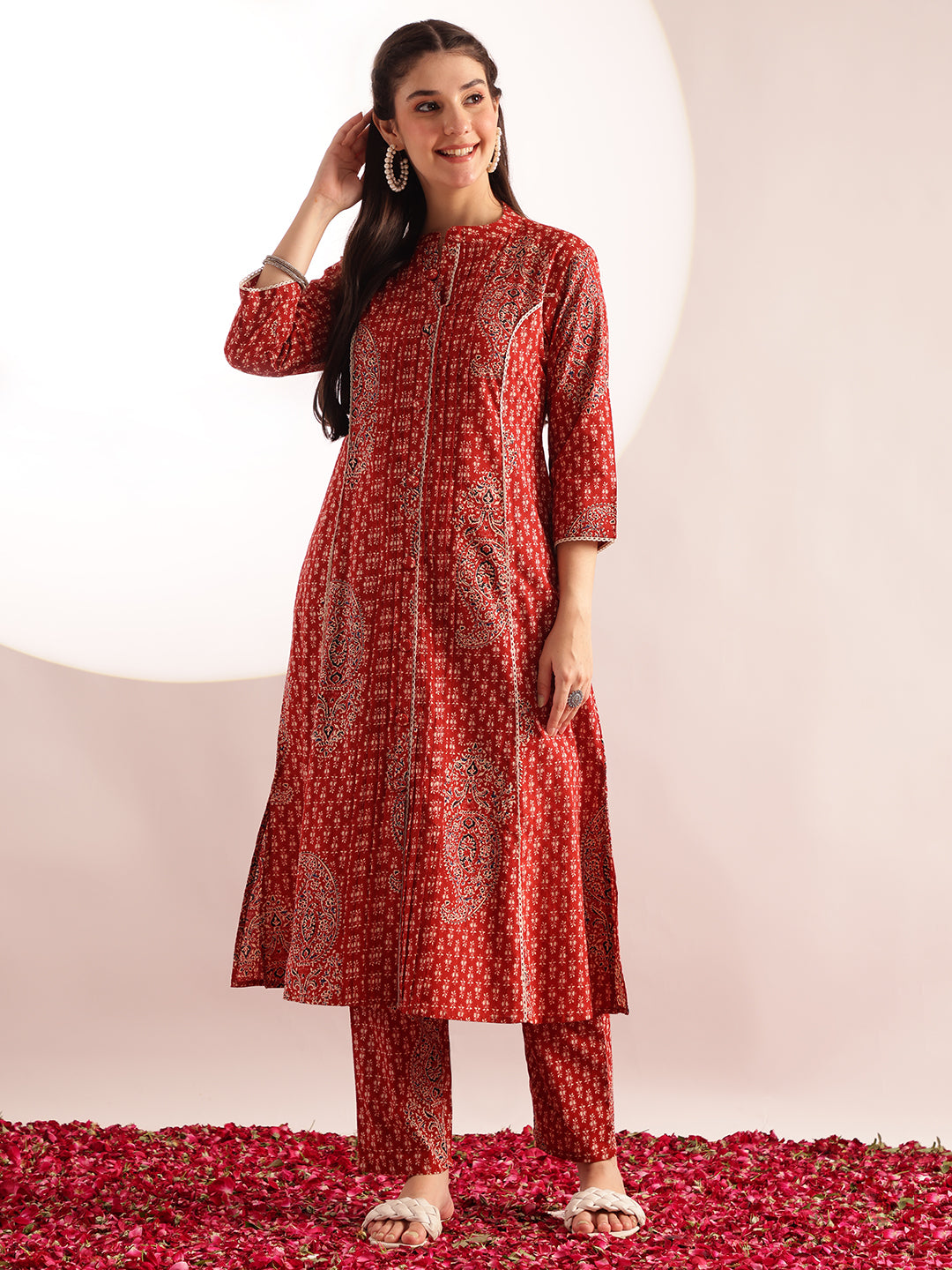Maroon Floral Print Fit & Flare Cotton Stitched Kurta With Pant