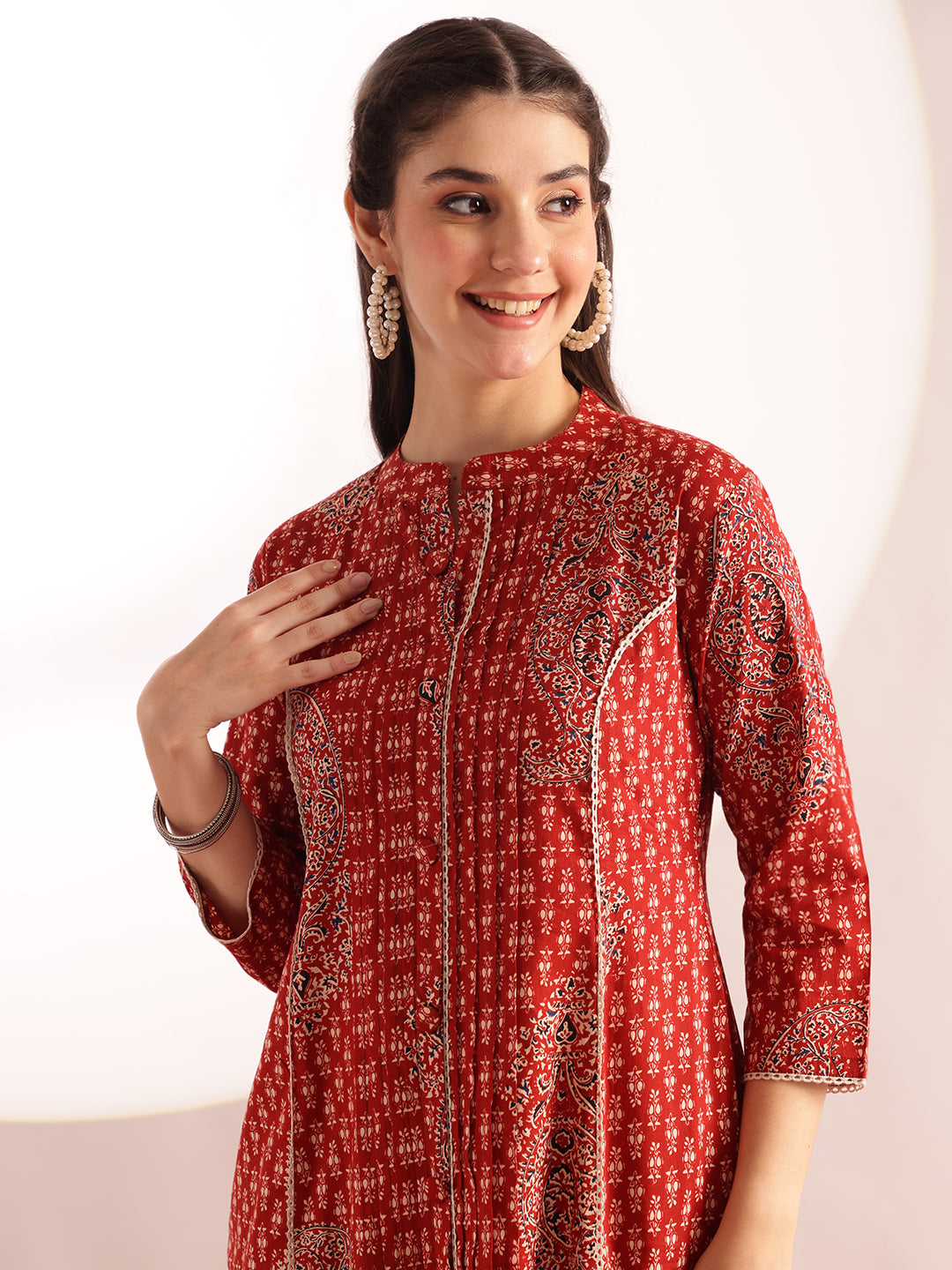 Maroon Floral Print Fit & Flare Cotton Stitched Kurta With Pant