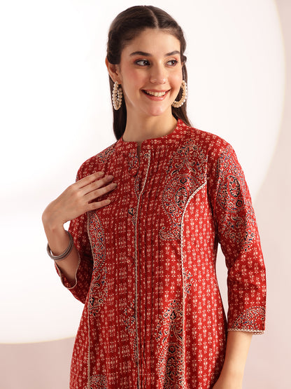 Maroon Floral Print Fit & Flare Cotton Stitched Kurta With Pant