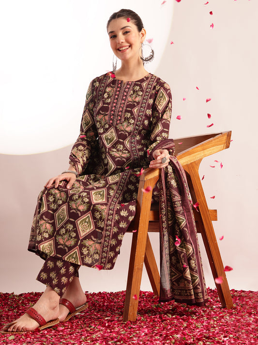 Wine Floral Print Fit & Flare Cotton Kurta, Pant With Dupatta