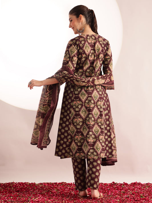 Wine Floral Print Fit & Flare Cotton Kurta, Pant With Dupatta