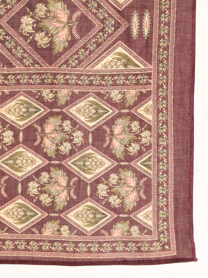 Wine Floral Print Fit & Flare Cotton Kurta, Pant With Dupatta