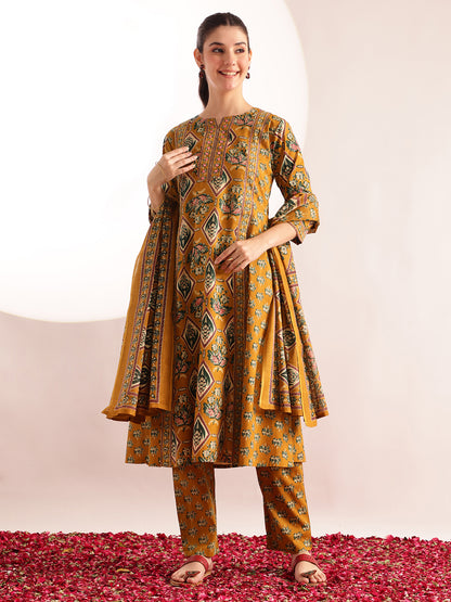 Mustard Floral Print Fit & Flare Cotton Kurta, Pant With Dupatta