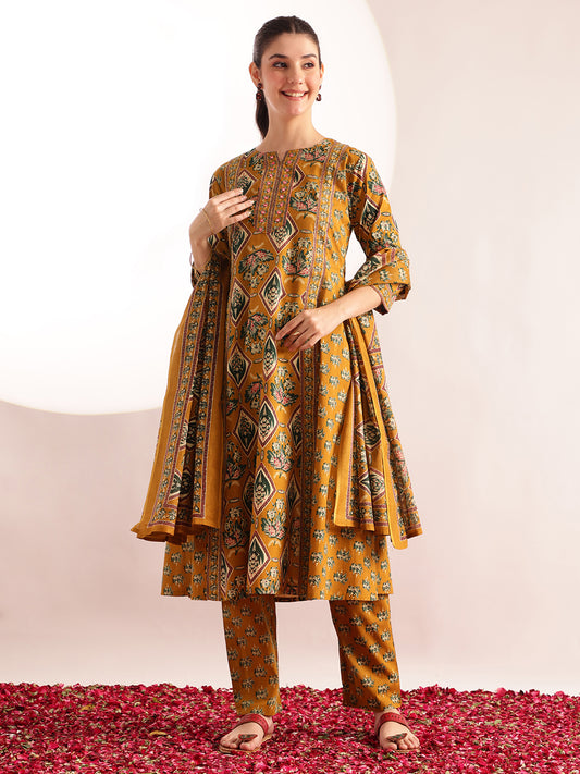 Mustard Floral Print Fit & Flare Cotton Kurta, Pant With Dupatta