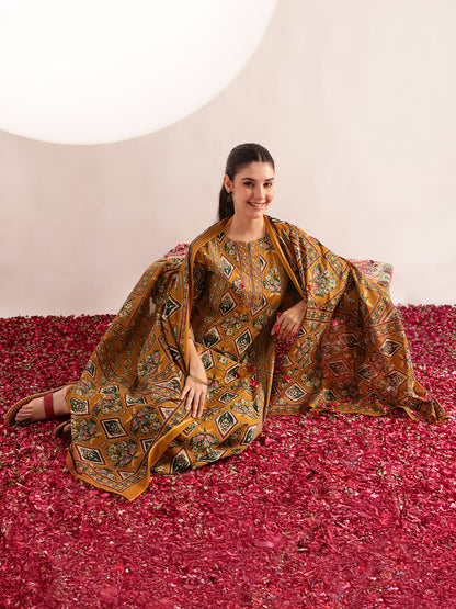 Mustard Floral Print Fit & Flare Cotton Kurta, Pant With Dupatta