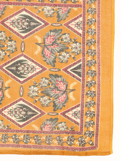 Mustard Floral Print Fit & Flare Cotton Kurta, Pant With Dupatta