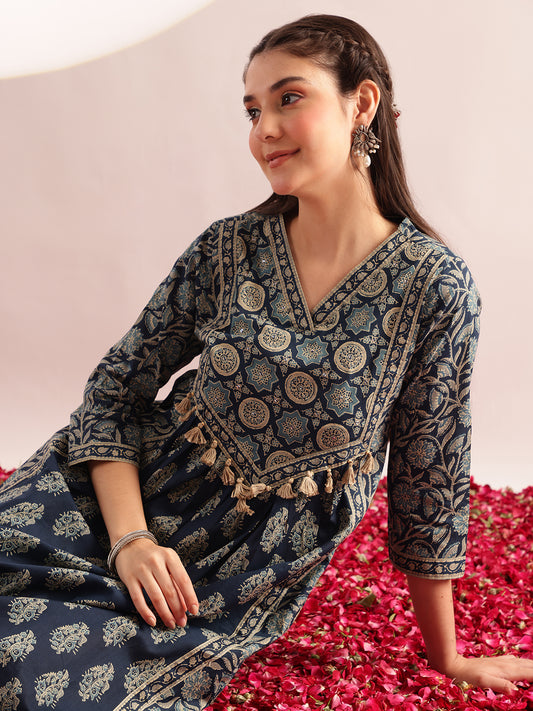 Aqua Blue Floral Print Fit & Flare Cotton Kurta