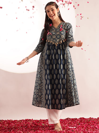 Aqua Blue Floral Print Fit & Flare Cotton Kurta