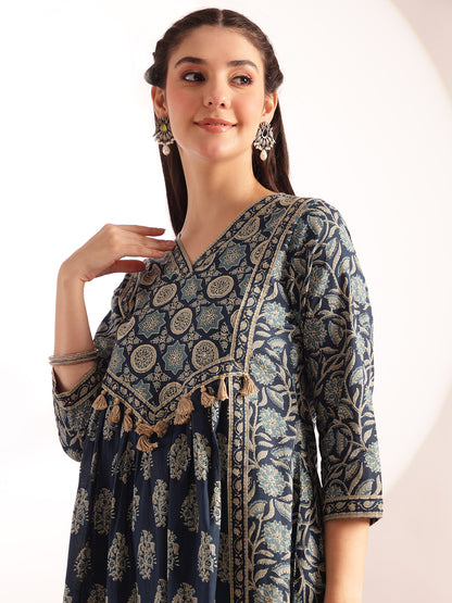 Aqua Blue Floral Print Fit & Flare Cotton Kurta