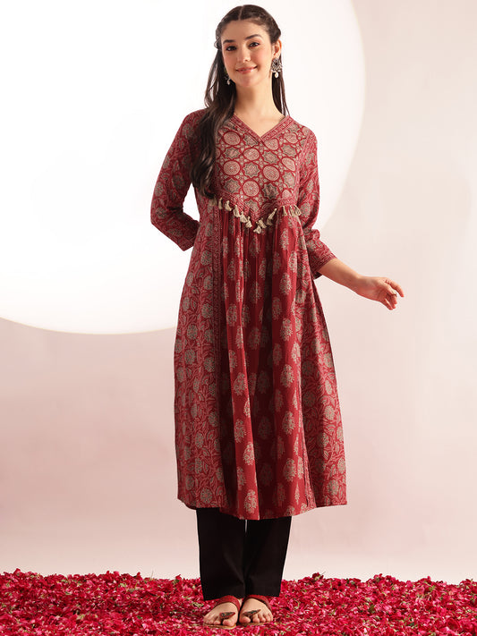 Maroon Floral Print Fit & Flare Cotton Kurta