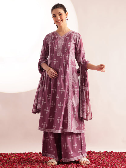 Lavender Geometric Pattern Fit & Flare Cotton Stitched Kurta, Sharara With Dupatta