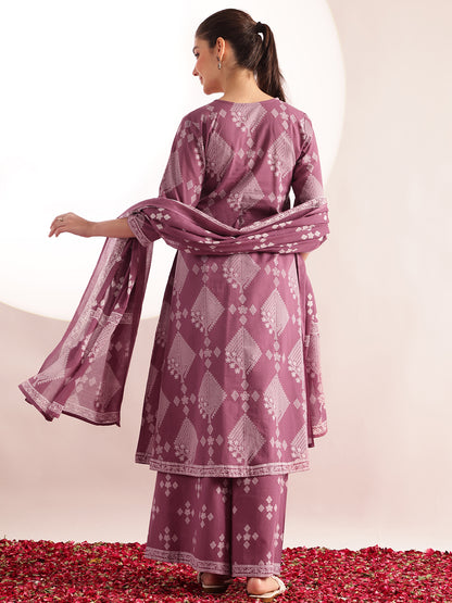 Lavender Geometric Pattern Fit & Flare Cotton Stitched Kurta, Sharara With Dupatta